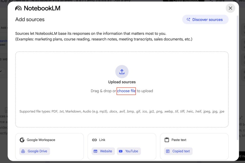 Upload a file as source on a new Notebook in NotebookLM