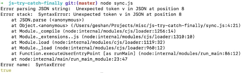 Try catch sync execution in JavaScript - output