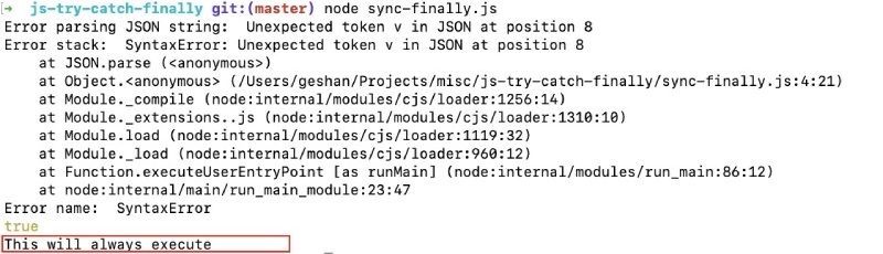 Try catch finally sync execution in JavaScript - output