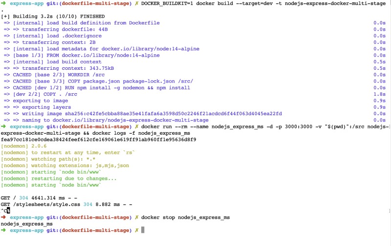Ouptut of docker run with logs and later stopping it for multi-stage Docker with Node.js