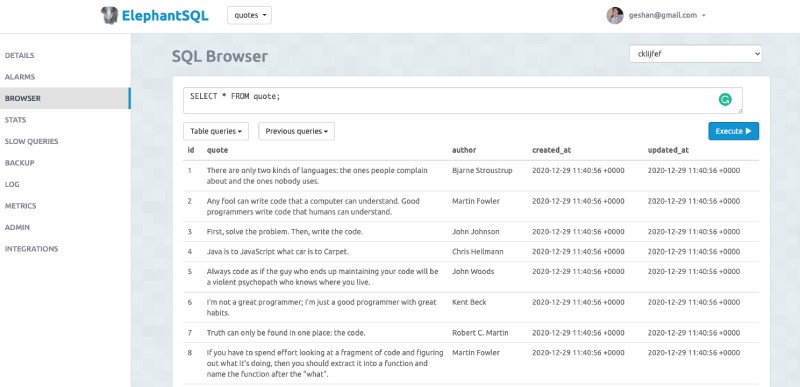 SELECT all from quote on Elephant SQL interface