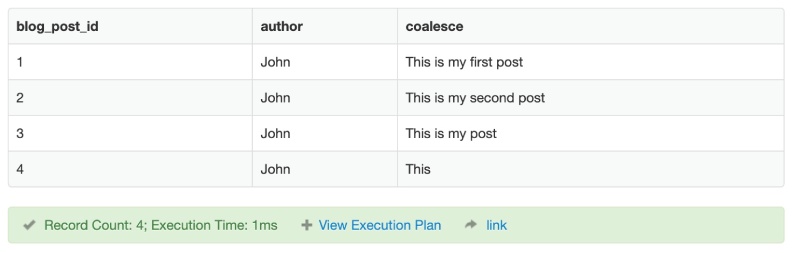 PostgreSQL coalesce example of selecting expert as the first 5 characters of the body