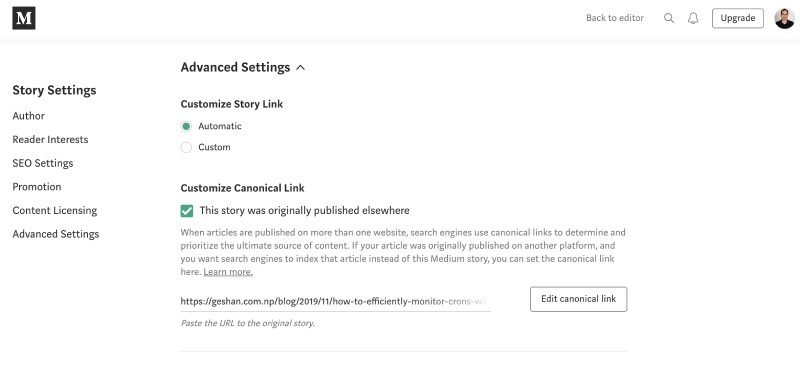 Post your content to Medium with canonical link
