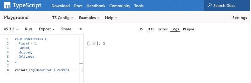 Order Status TypeScript enum example running on TypeScript playground
